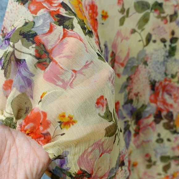 Karen Kane Silk Top Womens L Cream Rose Floral Peplum Blouse Sheer Boho USA Made - Picture 9 of 11